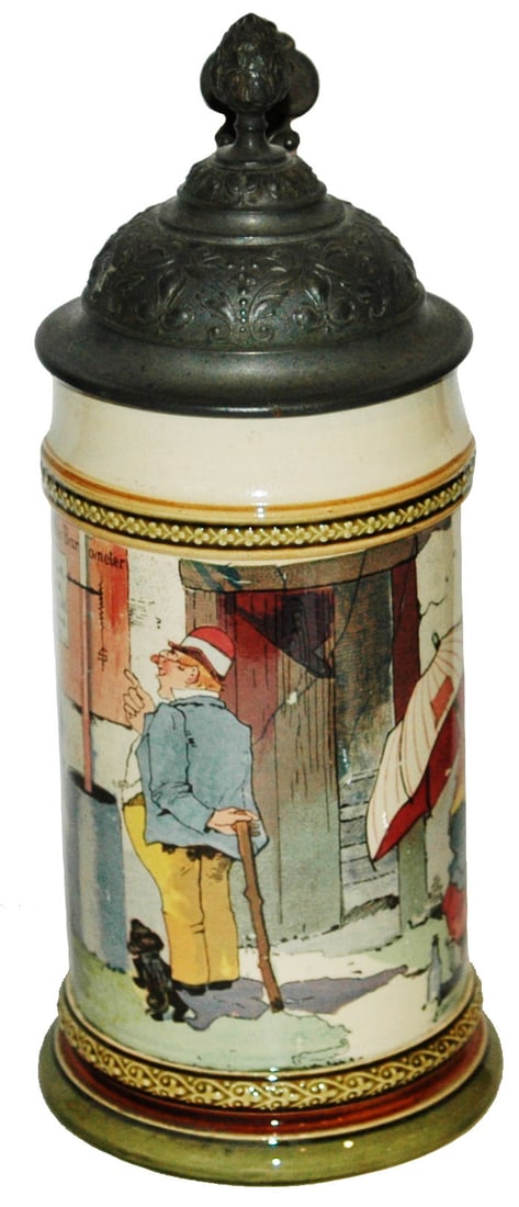 Mettlach Schlitt Stein Man and Woman Scenes: Mettlach #2140/941 PUG 1/2L. Man looks at beer barometer while woman sells radishes. Schlitt. Mint.