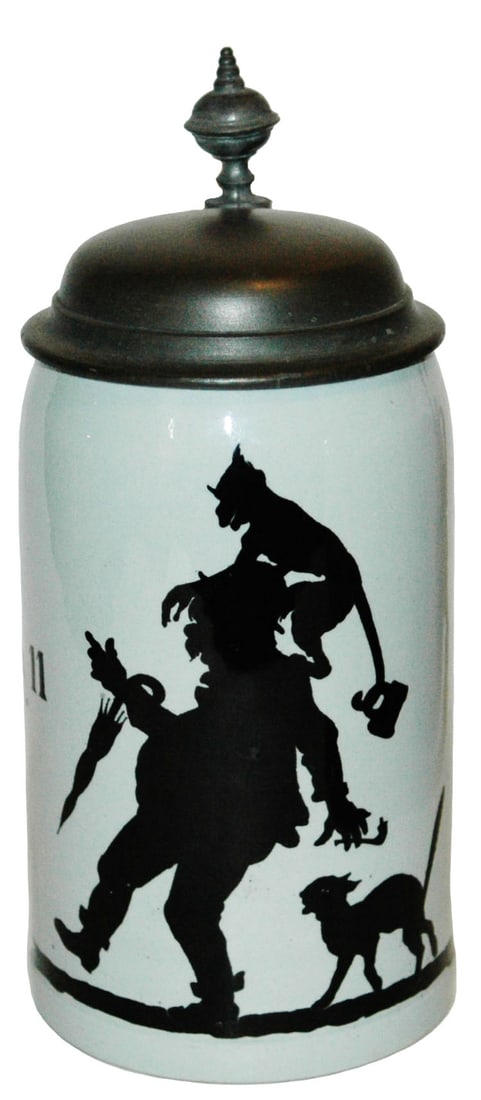 Mettlach Drunk Man w Monkey & Cat Silhouette Stein (1 of 4)
