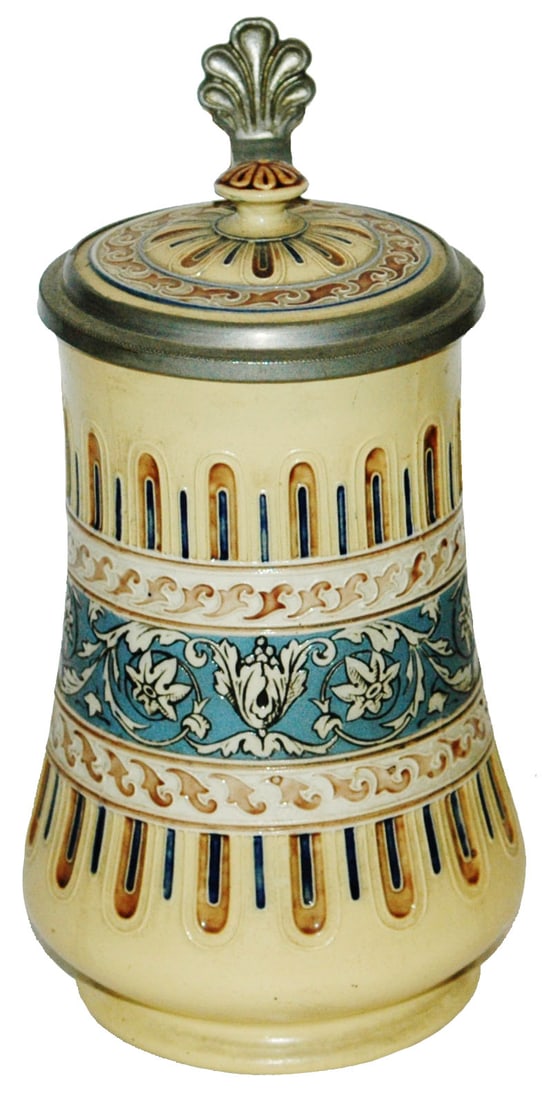 Mettlach #1055 Mosaic Floral Design Stein w Inlay: Mettlach #1055 Mosaic 1/2L. Floral design. Inlay lid. Mint.