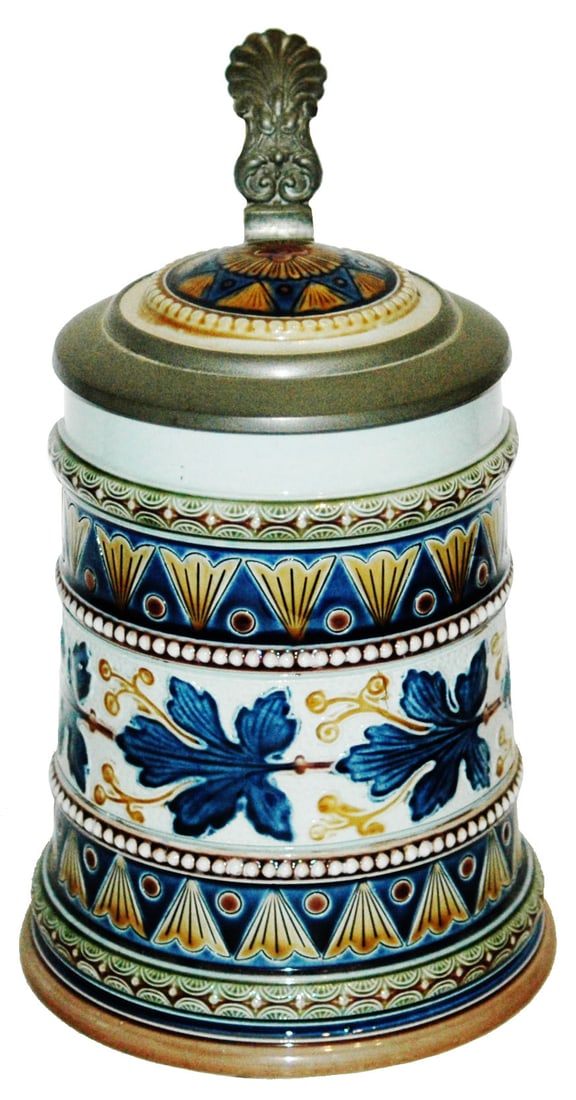 Mettlach #1570 Mosaic Floral Design Stein w Inlay: Mettlach #1570 Mosaic 1/2L. Floral design. Inlay lid. Mint.