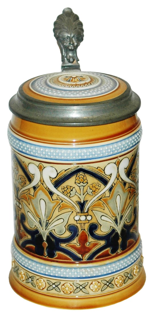 Mettlach #1191 Mosaic Floral Design Stein w Inlay: Mettlach #1191 Mosaic 1/2L. Floral design. Inlay lid. Mint.