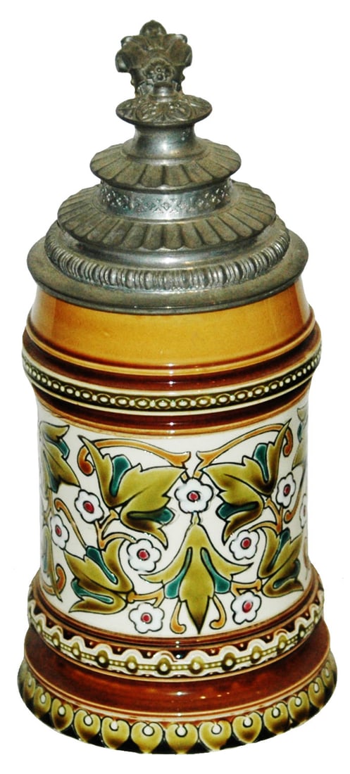 Mettlach #1188 Floral Design Stein w Fancy Lid: Mettlach #1188 Mosaic 1/2L. Floral design. Fancy relief pewter lid. Mint.