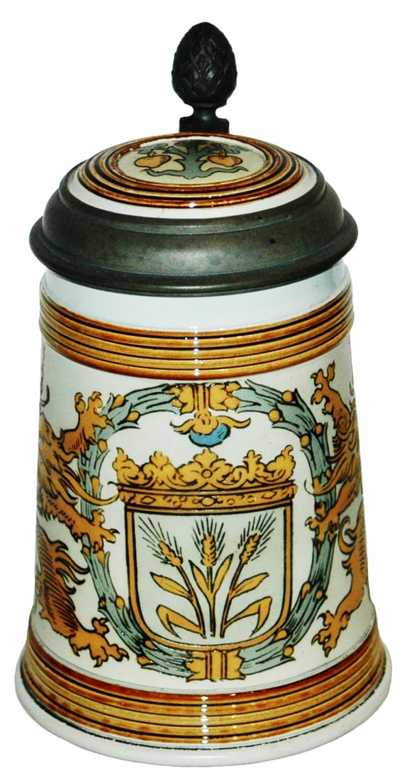 Mettlach Wheat in Shield w Lions on the Side Stein: Mettlach #1532 Etched 1/2L. Wheat in shield with rampant lions on each side. Inlay lid. Mint.