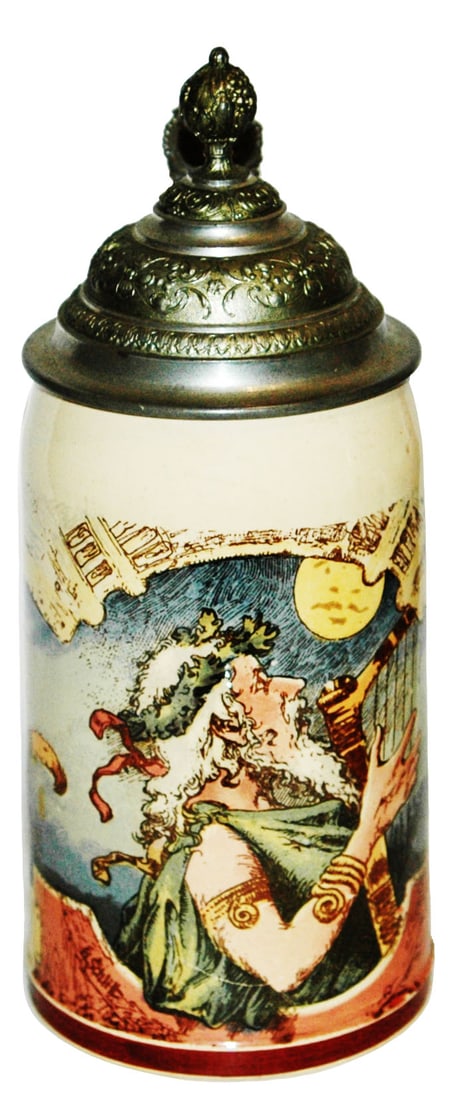 Mettlach Old German Plays a Harp Schlitt Stein: Mettlach #1909/1008 PUG 1/2L. Old time German plays harp. Schlitt.