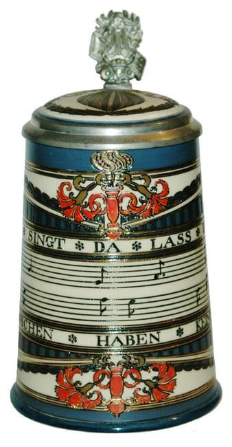 Mettlach Bars of Music Stein w Inlay Lid: Mettlach #2097 Etched 1/2L. Bars of music. Inlay lid. Mint.