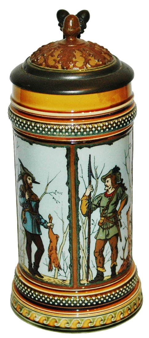 Mettlach 4 Hunters Stein w Acorn Finial Lid (1 of 5)