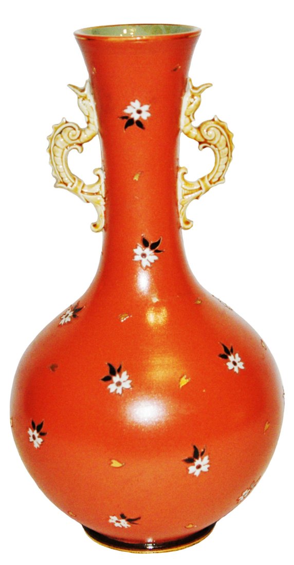 11" Mettlach Vase Floral Design w Snake Handles (1 of 2)