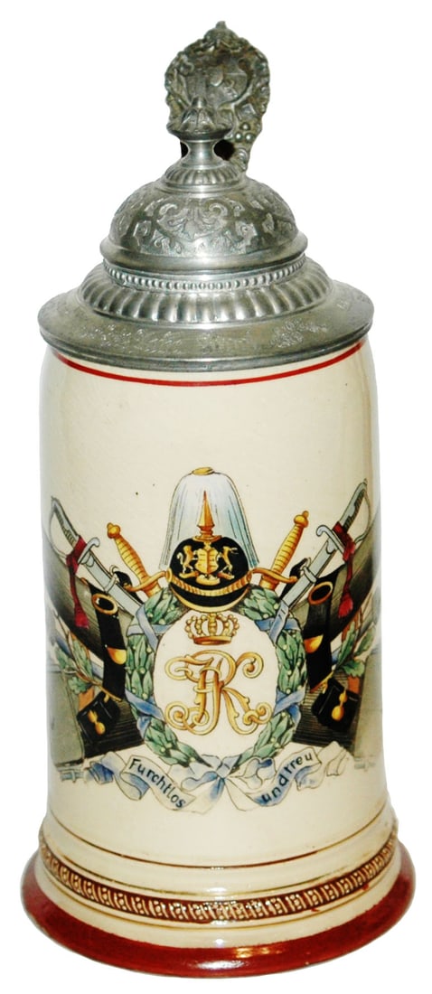 Military Commerative Cannons Swords& Helmets Stein: Pottery Merkelbach & Wick POG 1/2L. Military commemerative cannons, swords, helmets, etc. Mint.
