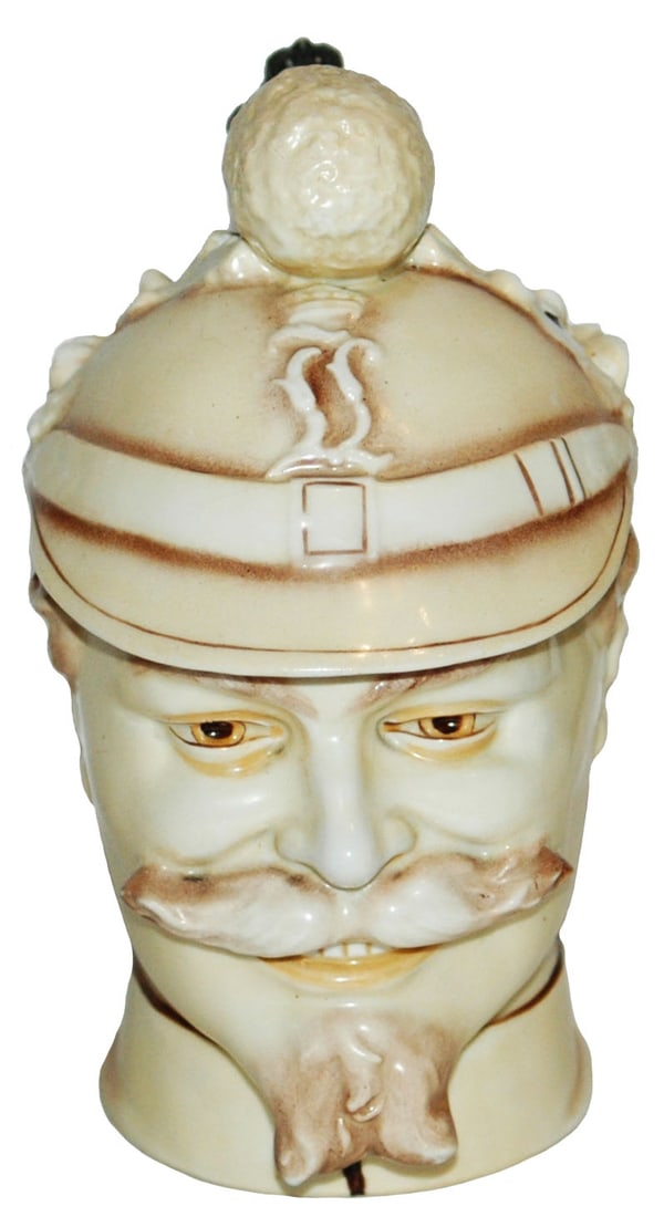 Soldier w Prussen Helmet Schierholz Charactr Stein: Character Stein 1/2L Schierholz Porcelain. Soldier wears Franko-Pruessen helmet. Mint.