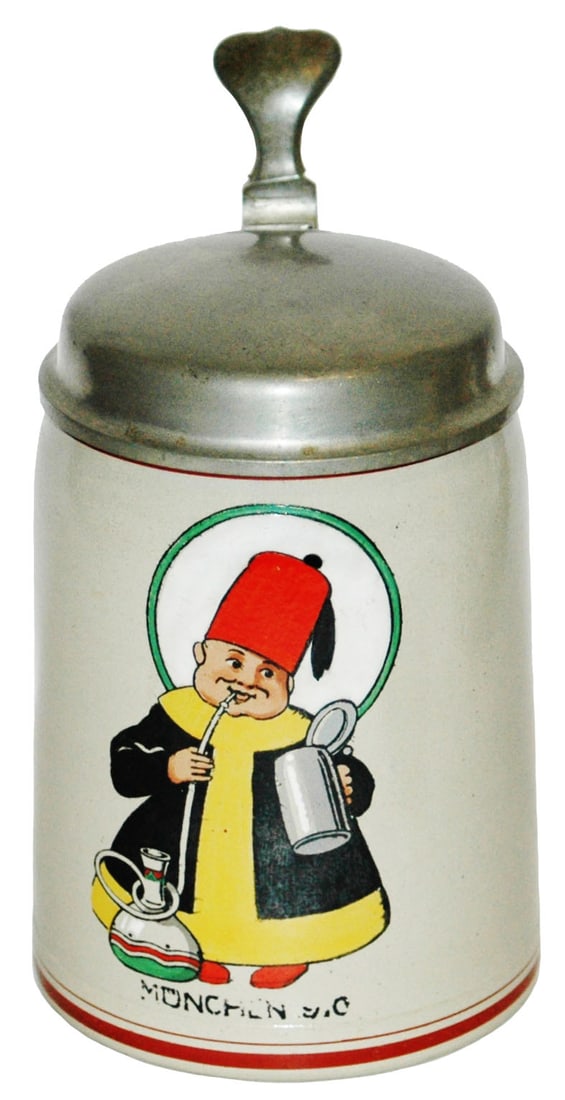 Munich Child in Turkish Hat dated 1910 Stein: Stoneware POG 1/2L. Munich Child wears Turkish hat dated 1910.