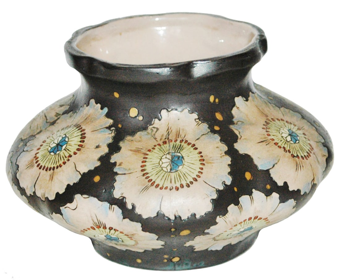Mettlach Art Nouveau 3-1/2" Floral Vase: Mettlach #2435 Etched 3 3/4” Vase. Art Nouveau floral design. Mint.