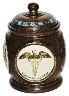 US Cold War Evacuation Hosptal Tobacco Jar Coblenz: Pottery Dumler Breiden American Cold War Tobacco Jar. “Evacuation Hospital 27 Coblenz Germany.” Mint.