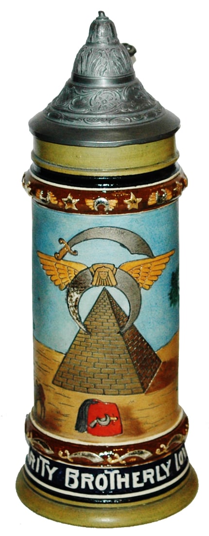1L Masonic Shriners Symbols Etched Stein: Pottery Etched 1L. Masonic Shriners symbols.
