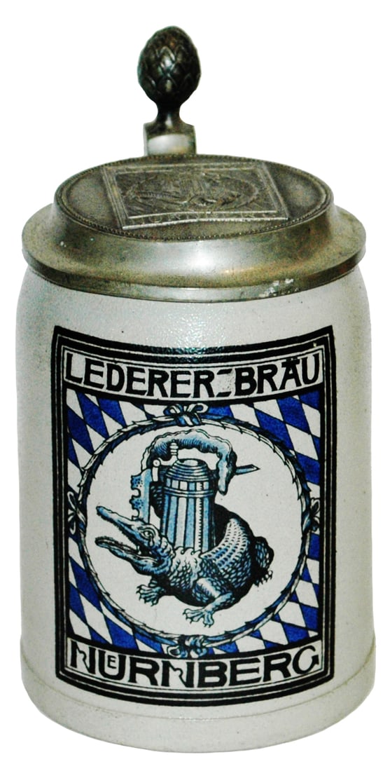 Lederer Brau Nurnberg Stoneware Brewery Stein & Ld: Brewery Stein POG 1/2L Stoneware. “Lederer Brau Nurnberg.” Matching logo lid. Mint.