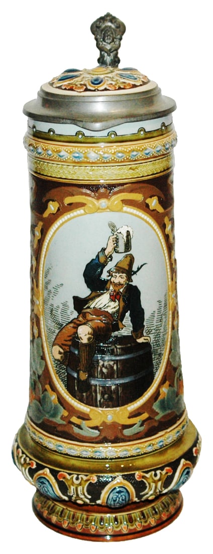 1-1/2L  Mettlach Man on a Barrel Stein w Inlay Lid (1 of 5)