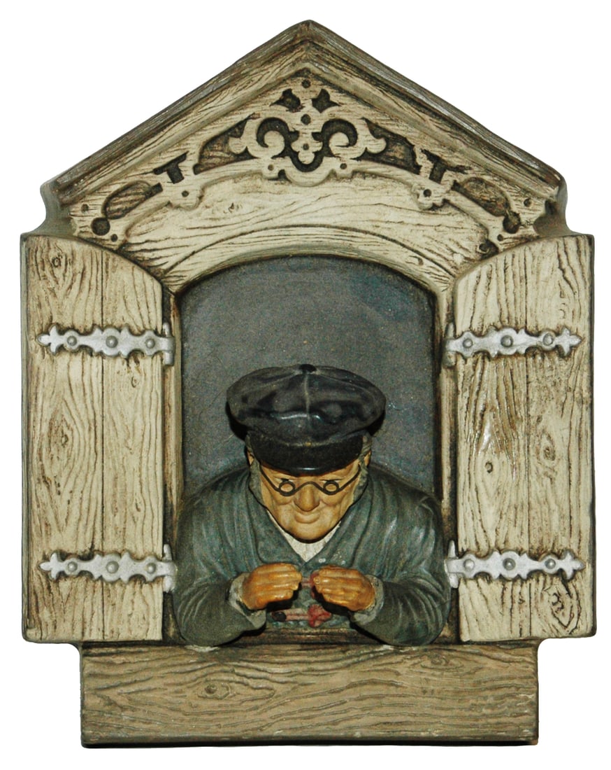 Jon Maresch Terracotta Man Looks Out Window: Jon Maresch #4290 Terracotta Plaque. Man with glasses at window. Normal wear.