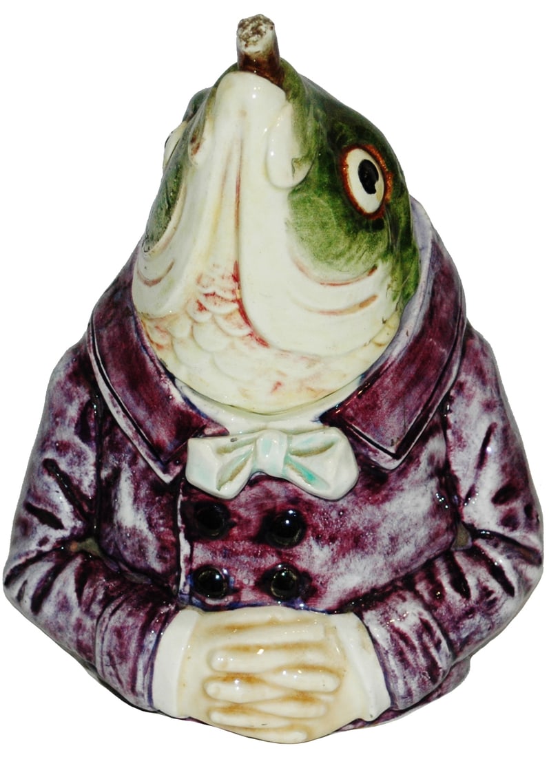 Rare Majolica Fish Humanized Tobacco Jar: Austrian Majolica 9 1/2”” Tobacco Jar. Mr Fish wears jacket and smokes cigar. Rare. Mint.