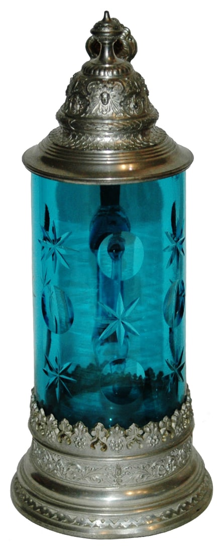 Cut Star & Circle Blue Glass Stein w Fancy Pewter: Blown Blue Glass 1/2L. Cut star and circle design. Fancy relief pewter lid and base rim. Mint.