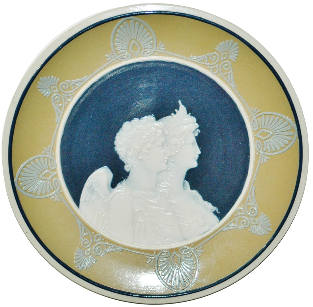 Mettlach Cameo Plaque Girls with Wings: Mettlach #3038 Cameo 10 1/2” Plaque. Girls with wings. Mint.