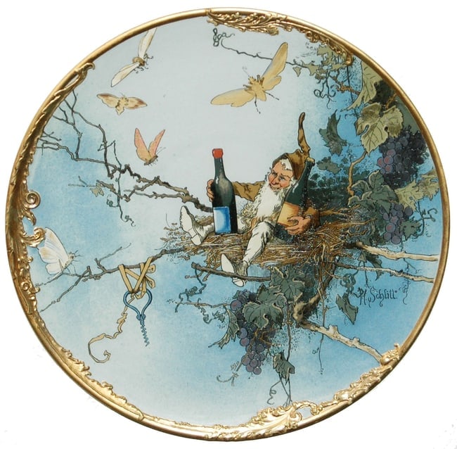 Mettlach Plaque Dwarf holds Wine Bottles in Nest: Mettlach #2112 Etched 16” Plaque. Dwarf holds wine bottles sitting in nest. Schlitt. Mint.