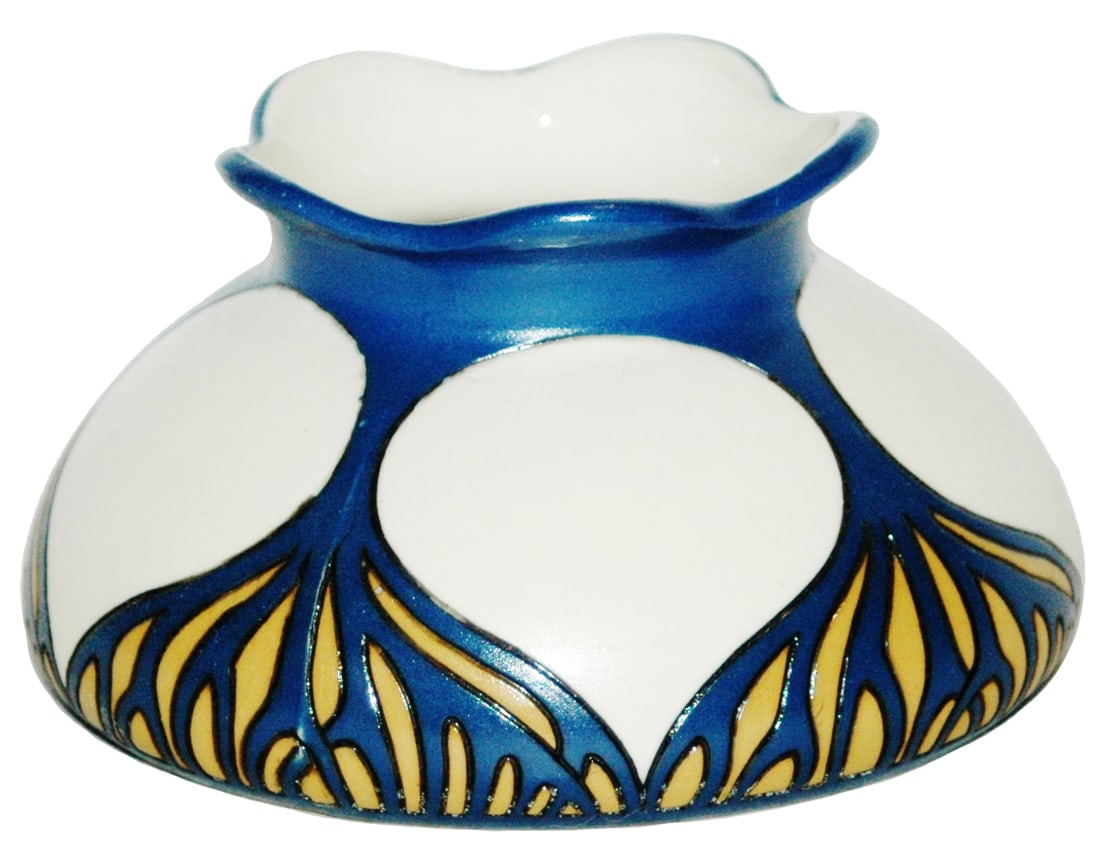 Mettlach Art Nouveau Vase w Scalloped Rim: Mettlach #2907 Etched 2 1/2” by 4” Vase. Art Nouveau design. Scalloped top rim. Mint.
