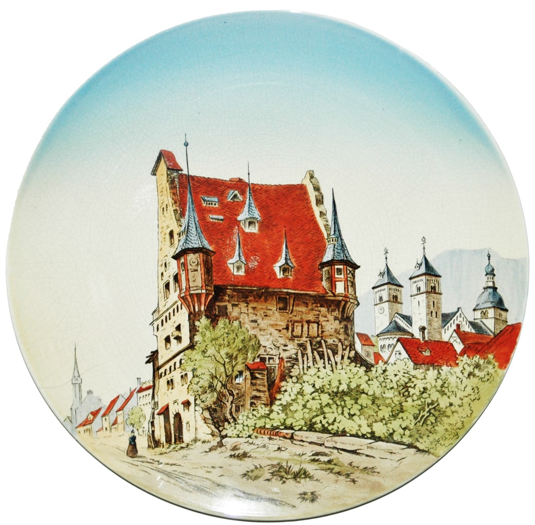 Mettlach Burghaus Kurbisch 14" Plaque: Mettlach #1044/93 PUG 14” Plaque. Burghaus Kurbisch. Mint.