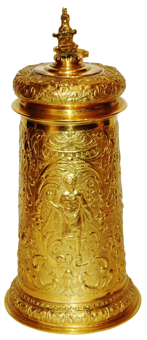 2L Gilded Brass 1860 Stein w Cherubs & Women: Gilded Brass Relief 2L. Elkington & Co, England circa 1860. Cherub and woman figures. Mint.