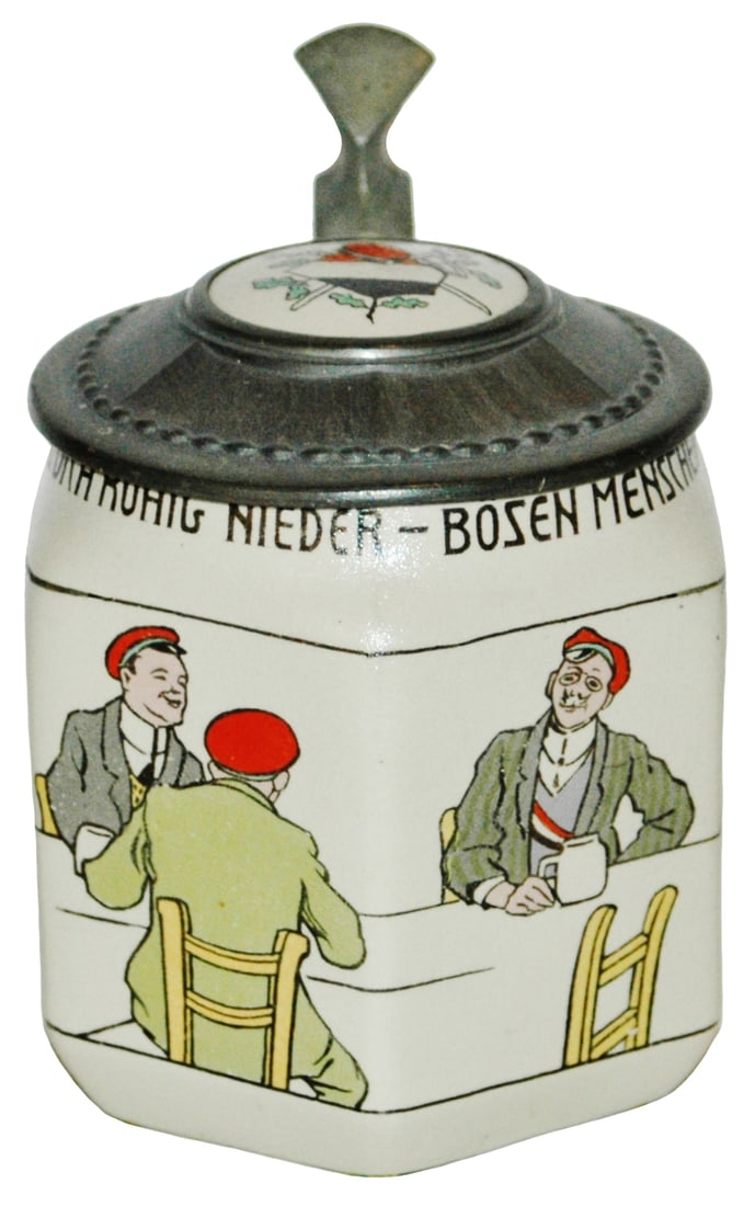 Mettlach Bavaria Fraternal Students 6-sided Stein: Mettlach Bavaria #3344/553 POG 1/2L. Fraternal students at table on six sided body. Inlay lid. Mint.