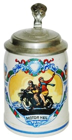 Men on a Motorcycle Wick Work Stoneware Stein