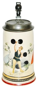 Weightlifter w Dumbells Stein w Matched Lid