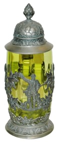 Pewter Hunter & Dog Overlay Green Glass Stein