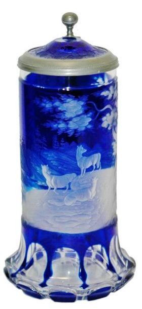 c.1850 Intaglio Stags Cobalt Overlay Glass Stein