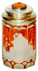 c.1850 Glass Cut w Gambrinus Scene Silver Lid