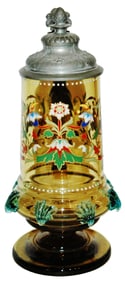 Detailed Floral Enamel w Prunts Glass Stein