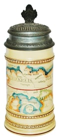 Mettlach Beer Map Stein w Fancy Pewter Lid