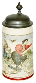 Mettlach Woman Rides Bicycle chasing Cupid Stein