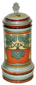 Mettlach Art Nouveau Hops Buds Stein w Inlay Lid