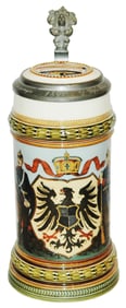 Mettlach Eagle in Shield w Soldiers on Sides Stein