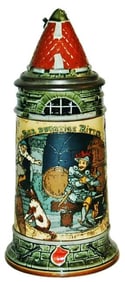 Mettlach Thirsty Knight Schlitt Stein w Roof Inlay