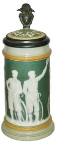 Mettlach Cameo Bicycle Riders Stein w Inlay Lid
