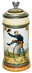 Mettlach High Wheel Bike Rider Stein w Inlay