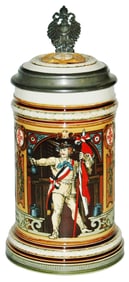 Mettlach Man Holds 4F Flag Stein w 4F Shield Lid