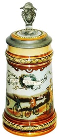 Mettlach Detailed Bicycle Race scene Stein w Inlay