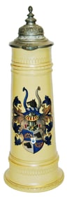 3L Mettlach Heraldic Shield w Boar Heads Stein