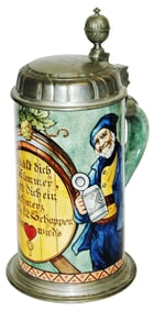 1L Mettlach Faience Man & Cat at Barrel Stein