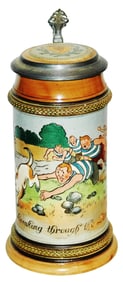 Comic Soccer Scene w Dog Hanke Etched Stein