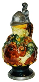 Majolica Knight  holding Belly Stein w Helmet Lid