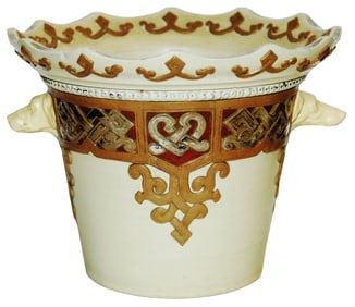 Mettlach Earlyware 6" Planter w Dog Head Handles