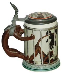 Mettlach 4/10L Monkeys & Cage Stein wMonkey Handle