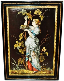 Mettlach Four Seasons Woman w Grapes Framed Plaque